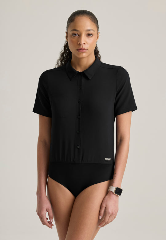 Terran 2 Pocket Collar Neck Button Front Bodysuit