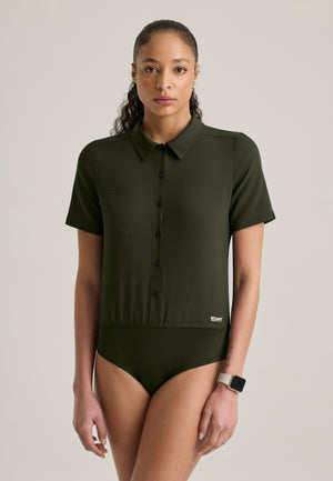 Terran 2 Pocket Collar Neck Button Front Bodysuit